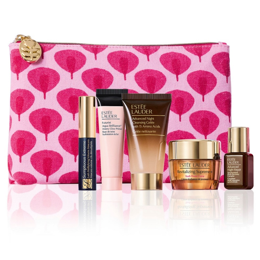 NWT Estée Lauder Pink Patterned Cosmetic Bag with Skincare Set